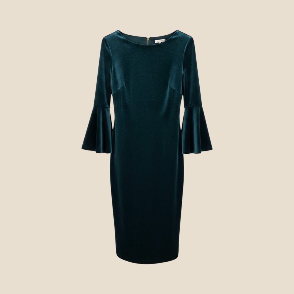 Calvin Klein Jewel Green Velvet Bell Sleeve Sheath Dress Size 6 Holiday Luxury
